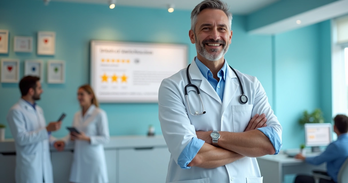 Consultório odontológico moderno com prêmios e avaliações digitais na parede