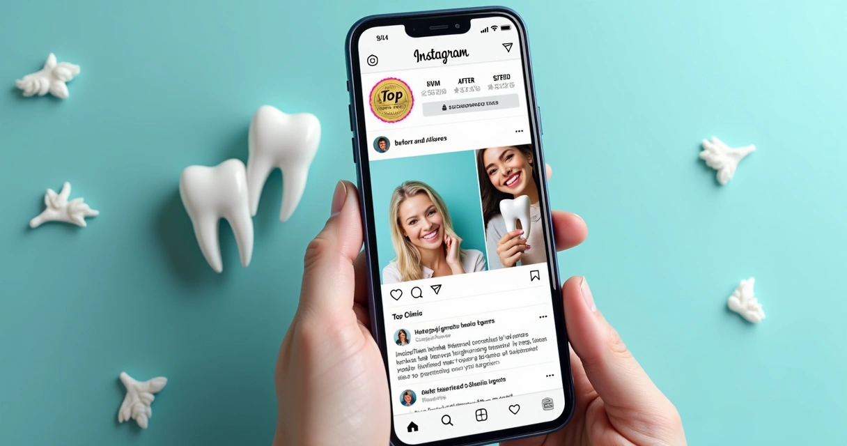 Feed de rede social de clínica odontológica mostrando autoridade e avaliações 