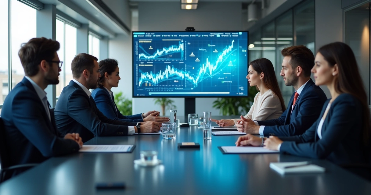 Grupo de profissionais colaborando em mesa de reunião com gráficos digitais ao fundo 