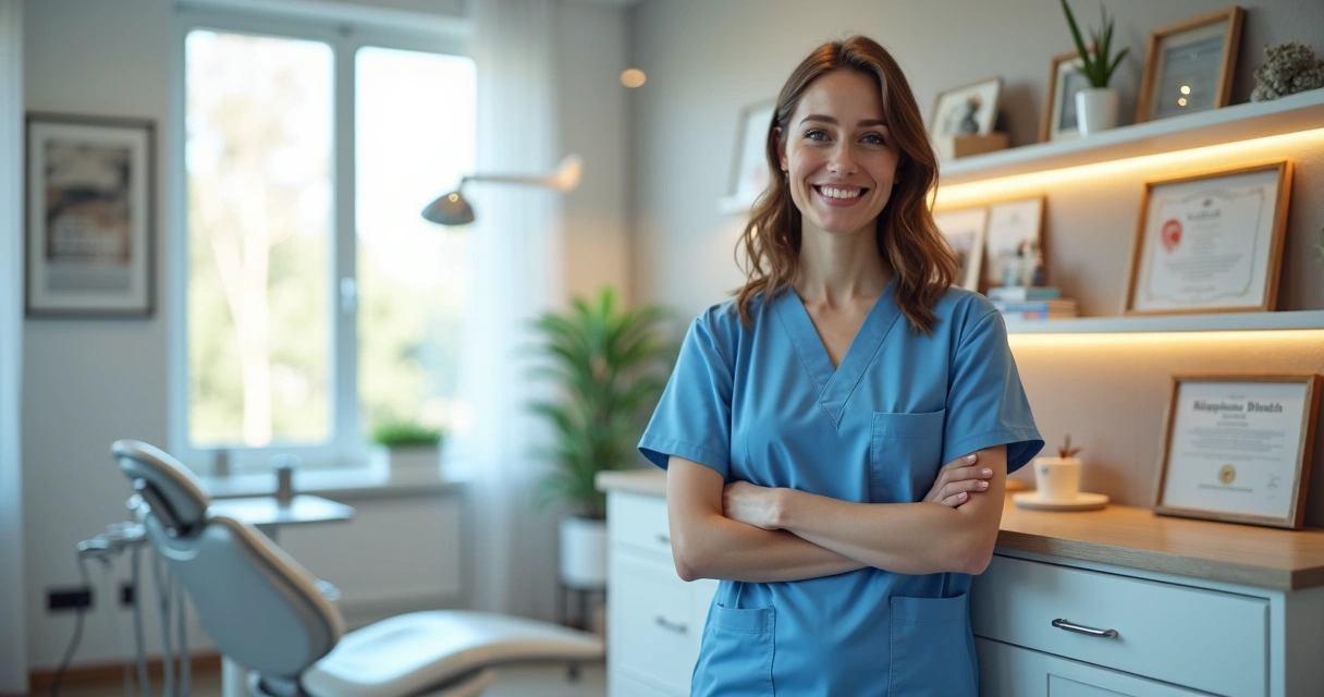 Dentista com prêmios exibidos na clínica.