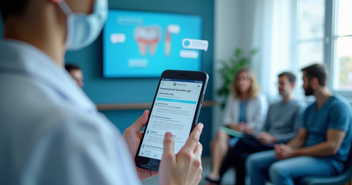 Dentista segurando celular com canal do Telegram e pacientes atentos