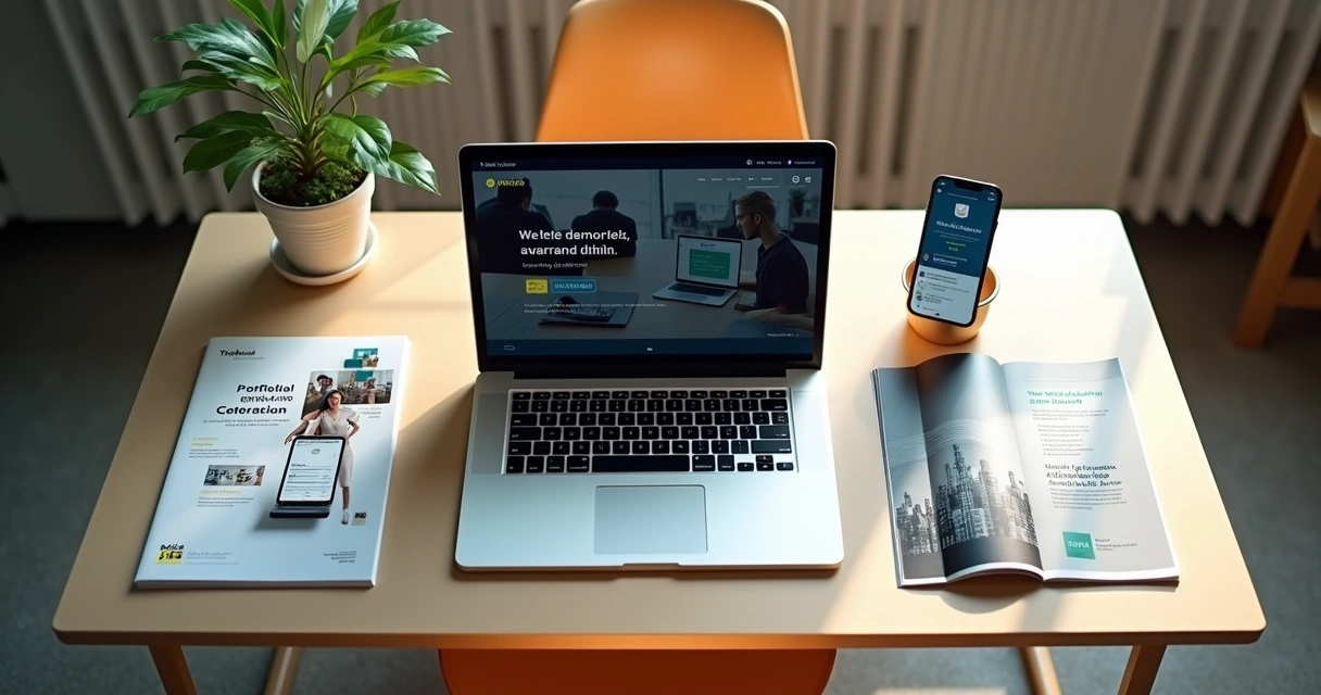 Mesa com laptop mostrando portfólio digital de agência, troféus e publicações 