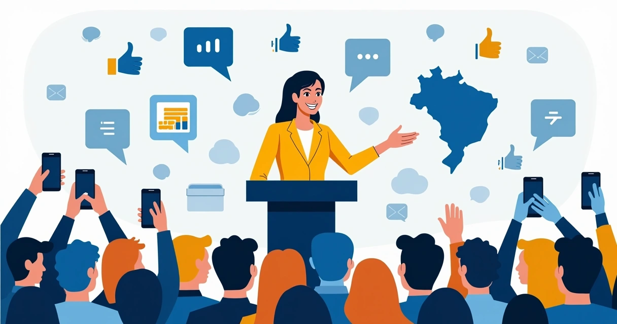 Candidato(a) discursando para multidão com símbolos digitais em destaque ao redor