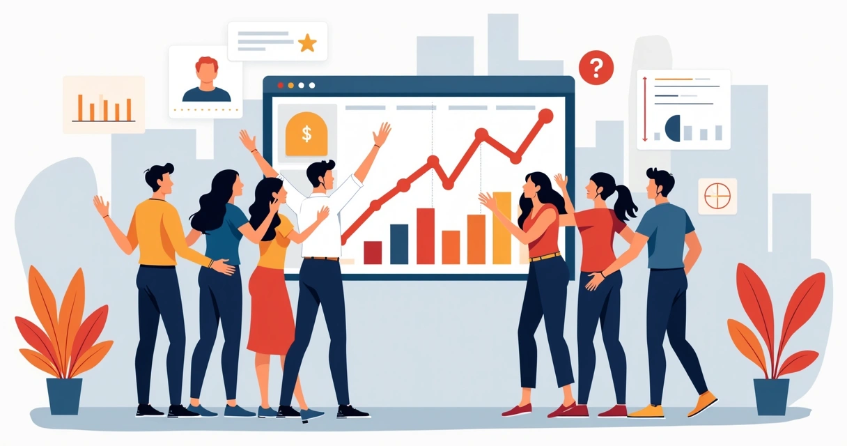 Candidato e equipe festejando diante de painel de resultados e gráficos digitais