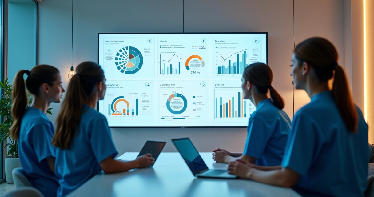 Equipe médica visualizando dashboards e indicadores de valor do paciente 