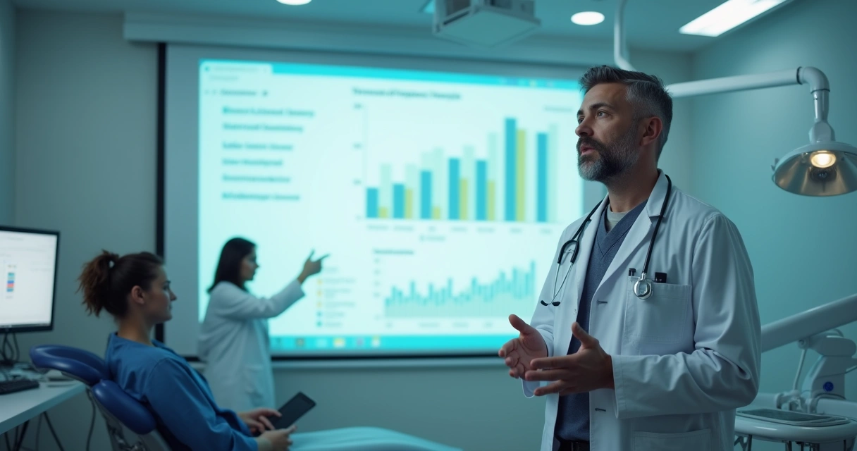 Dentista oferecendo palestra online com gráficos sobre reputação digital