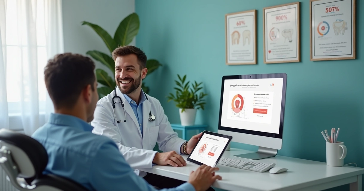 Dentista ao lado de paciente em ambiente de depoimento 