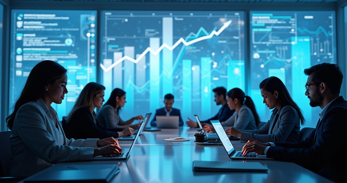 Equipe digital reunida com gráficos ao fundo 