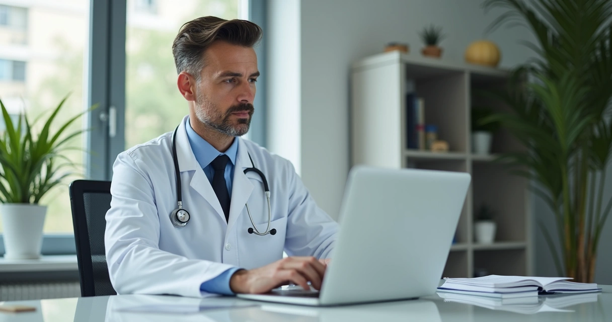 Médico de jaleco digitando em laptop enquanto grava vídeo educativo na mesa de consultório. 