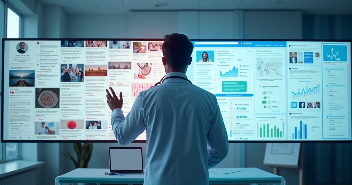 Médico diante de tela dividida entre erros e acertos no marketing digital 