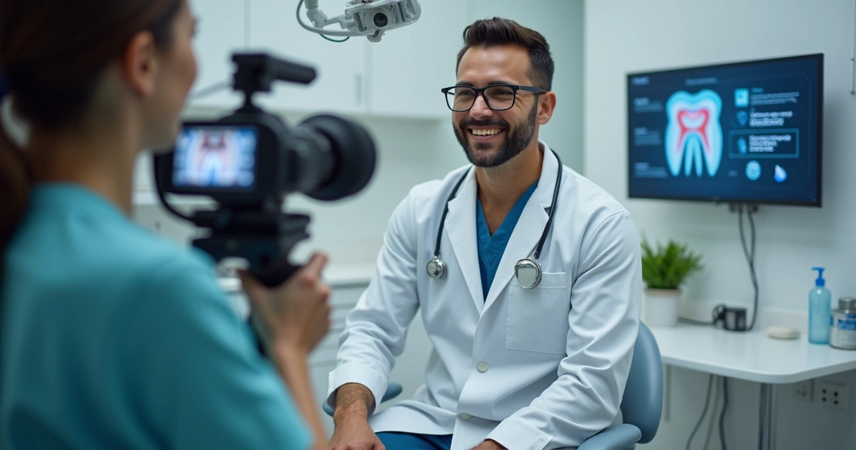 Dentista gravando vídeo educativo em clínica odontológica moderna 