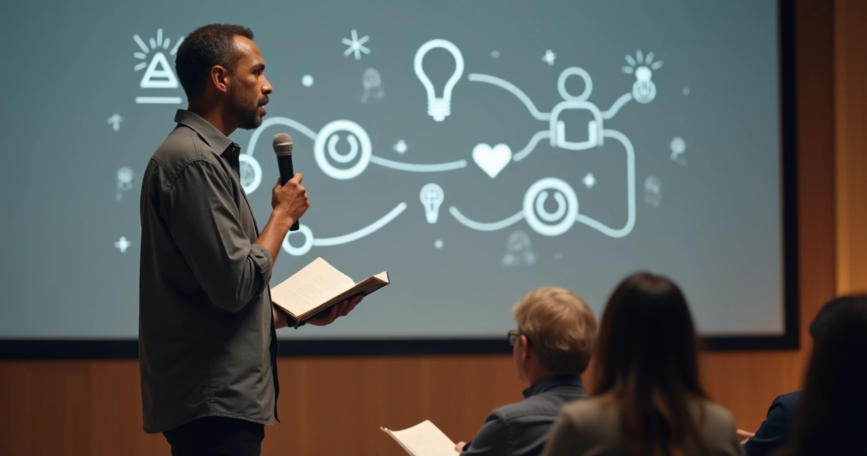 Profissional em pé diante de um auditório, falando com segurança e autenticidade, com ícones de ética e consciência ao fundo 