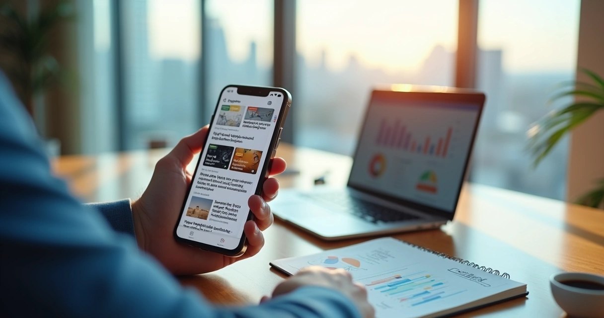 Profissional de marketing analisando cards de notícias no Google Discover em um smartphone 
