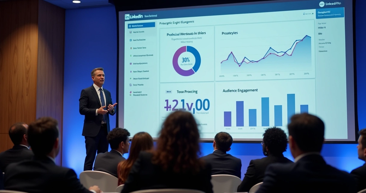 Executivo discursando para audiência focada em ambiente de negócios 