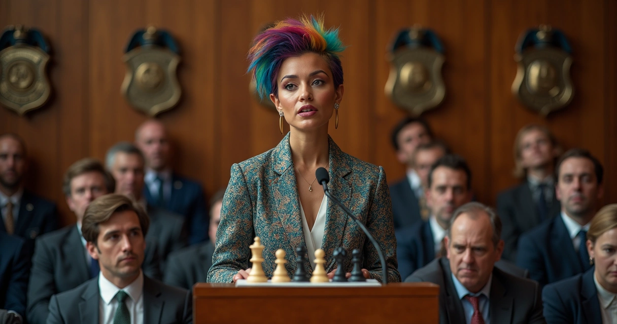 Mulher com cabelo colorido e roupa marcante falando em público 