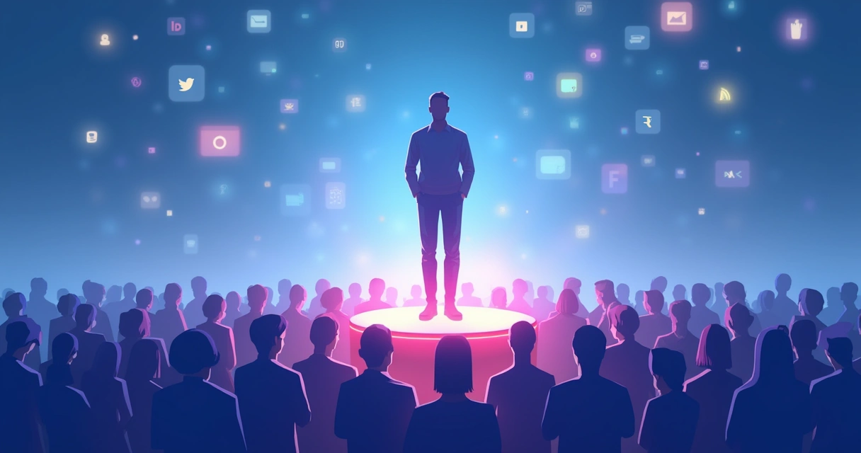 Pessoa destacada em uma multidão de seguidores digitais