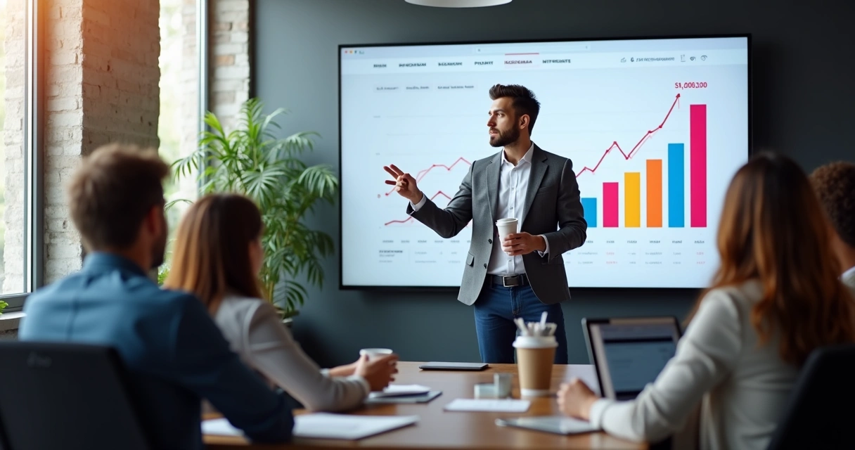 Pessoa apresentando gráficos de crescimento de influência e vendas a colegas em ambiente corporativo. 