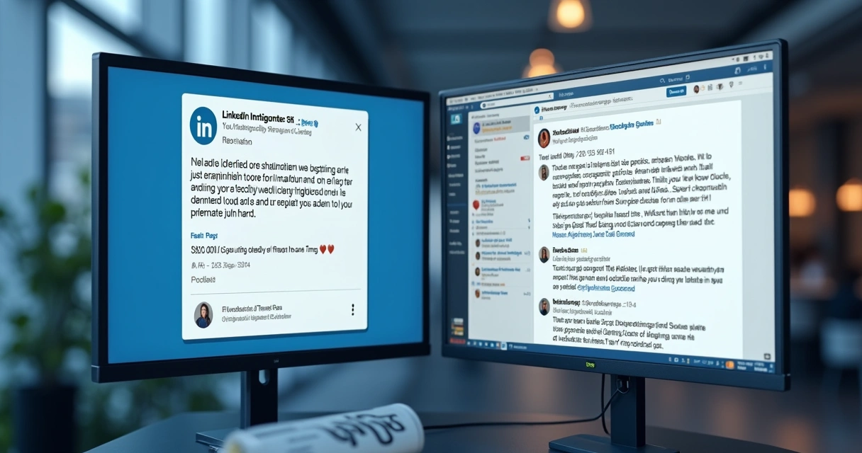 Tela dividida mostrando dois perfis de LinkedIn; um compartilhando conteúdo pronto sem opinião, outro criando post original e recebendo conversas no inbox. 