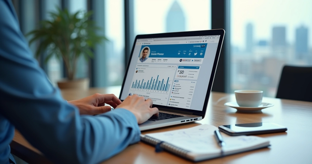 Profissional constrói autoridade no LinkedIn usando notebook e gráficos de engajamento 