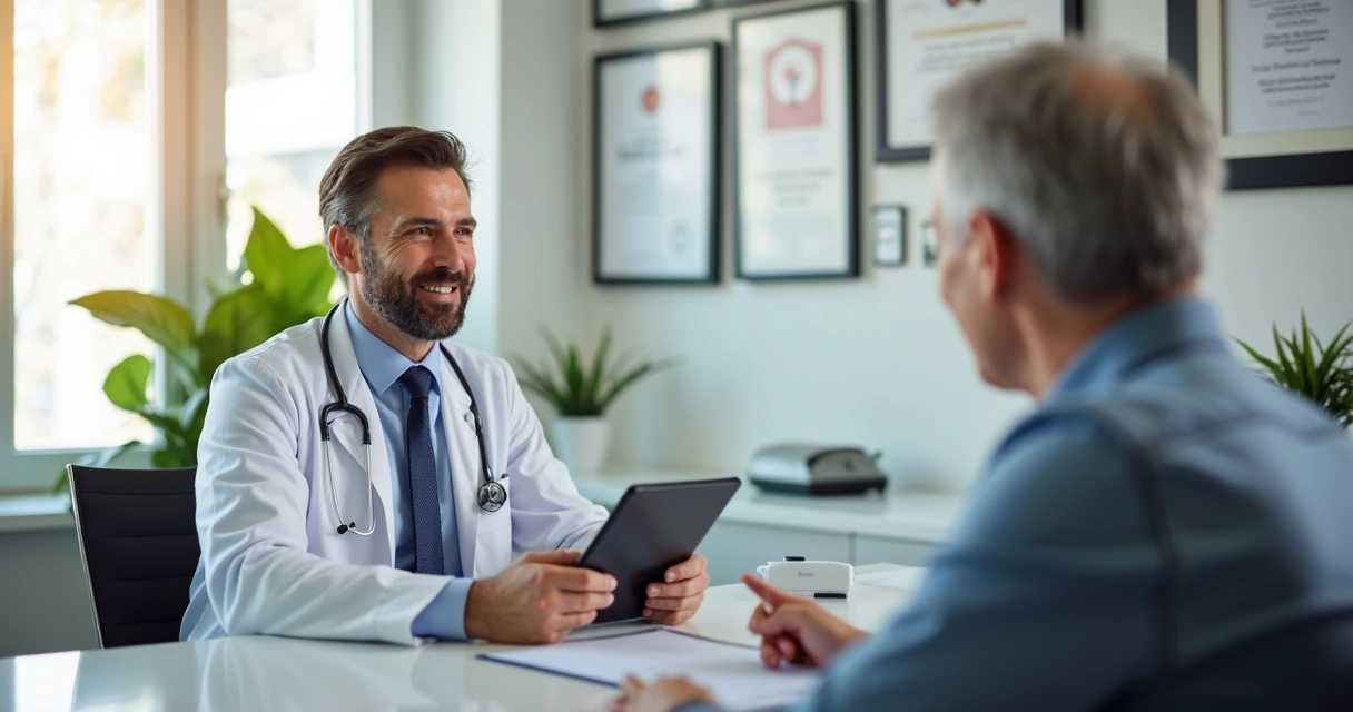 Médico atendendo paciente em consultório moderno com tablet e diplomas na parede. 