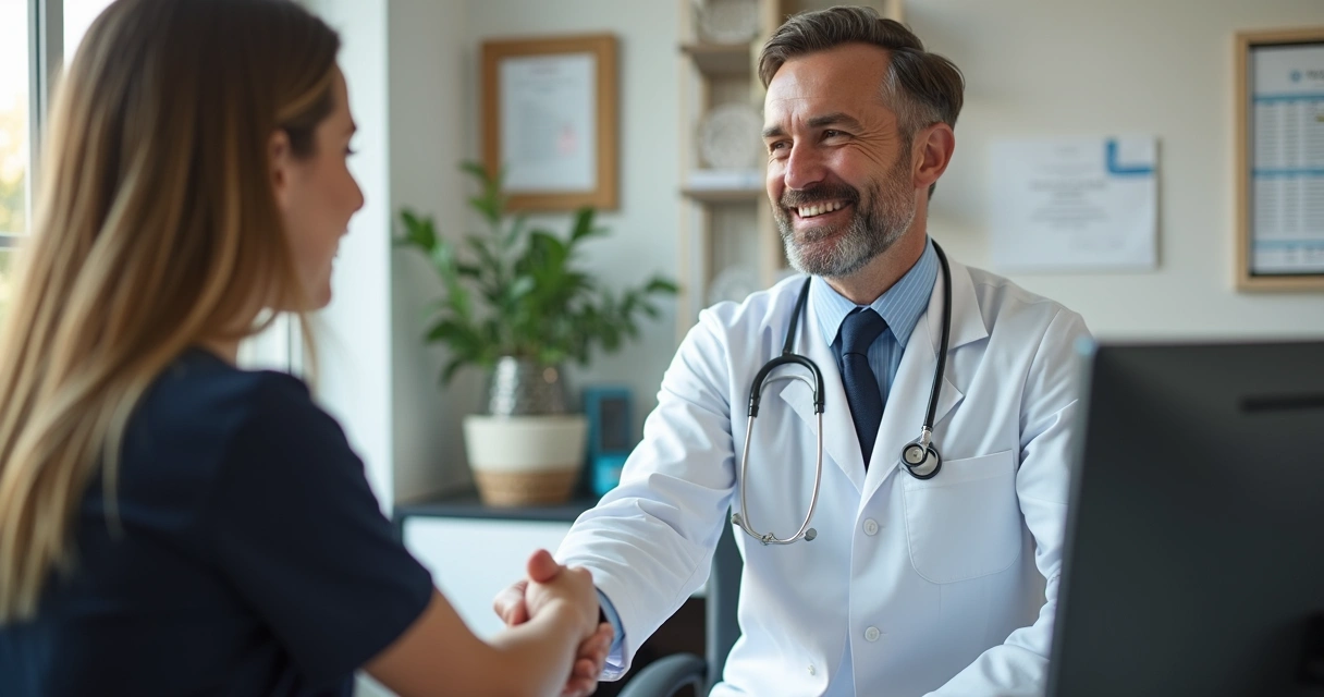 Médico sorrindo para paciente em consultório, computador aberto e agenda cheia ao fundo. 