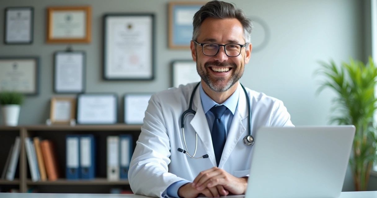 Médico(a) sorridente em escritório com quadro de conquistas e títulos comprovados 