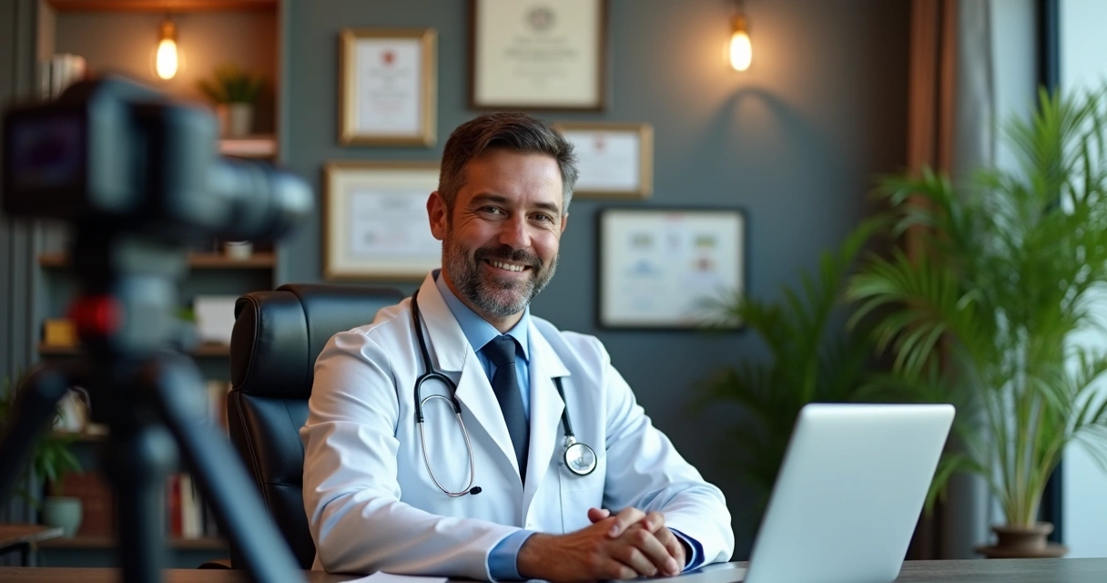Médico gravando vídeo para blog de saúde em consultório moderno 