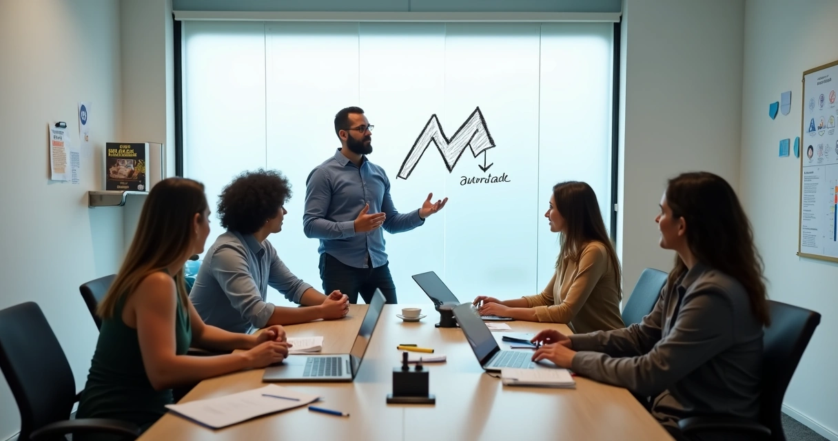Empresário de PME conduz reunião estratégica enxuta com equipe em sala simples 