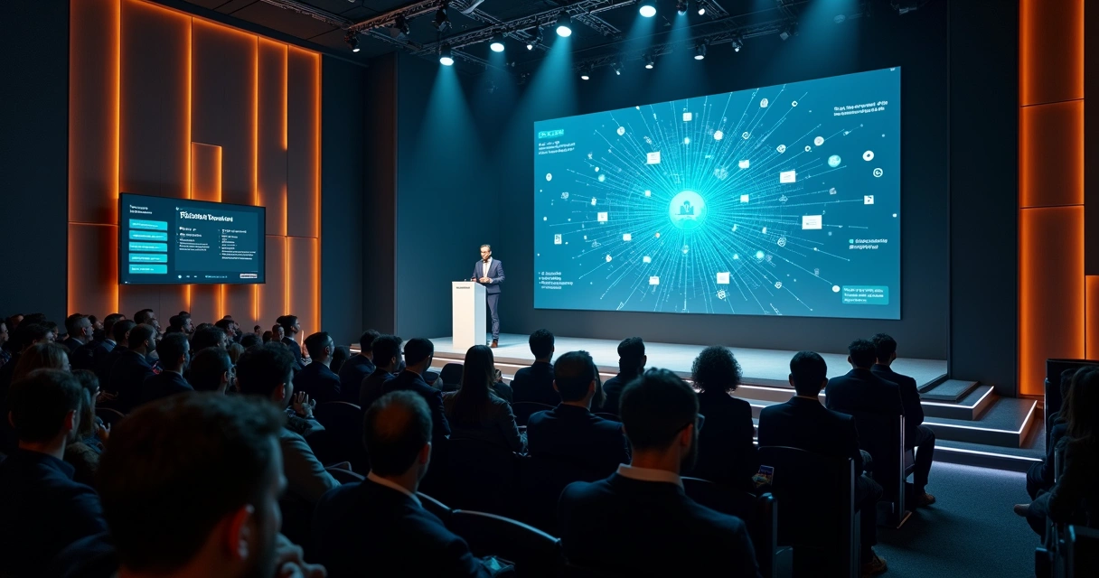 Líder de agência digital em palestra com público e conexões digitais ao fundo 