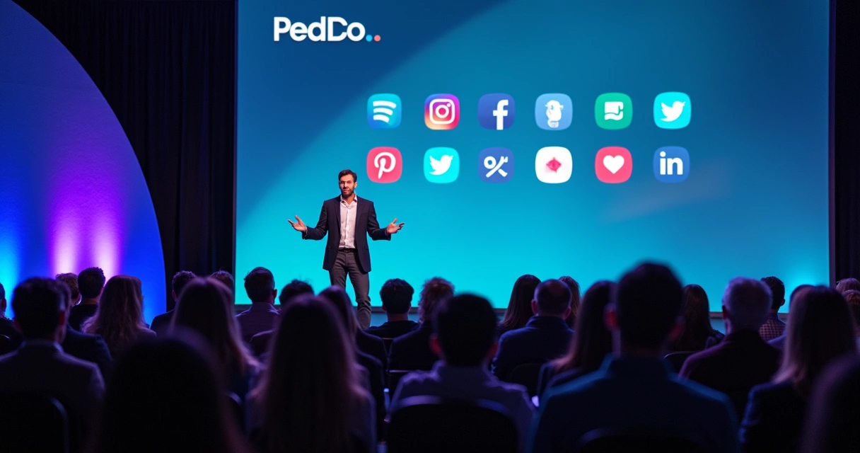 Pessoa falando ao público em evento com painel de redes sociais 