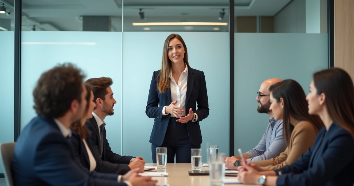 Gestora em pé conversando com sua equipe e todos atentos, demonstrando respeito mútuo. 