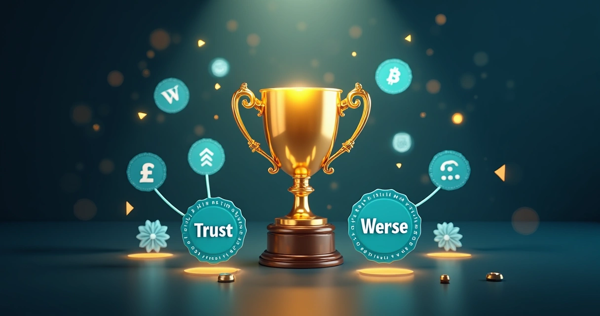 Página web em destaque com troféu dourado e selo de confiança 
