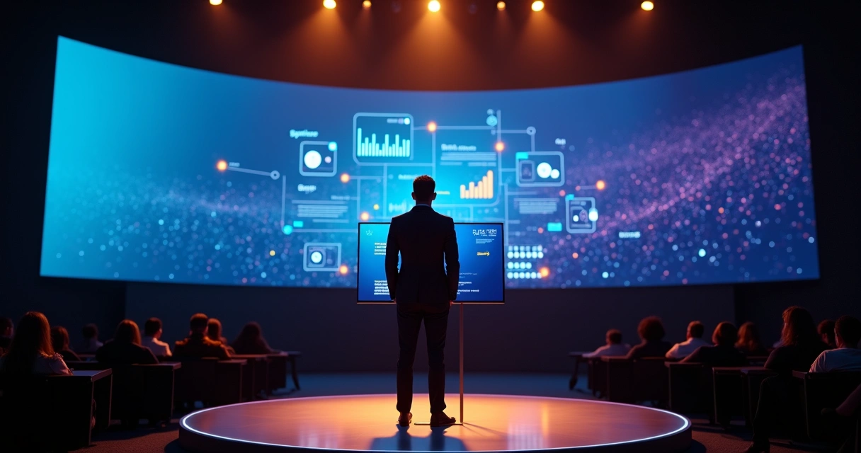 Profissional em destaque diante de painel digital com conexões de audiência e tecnologia 