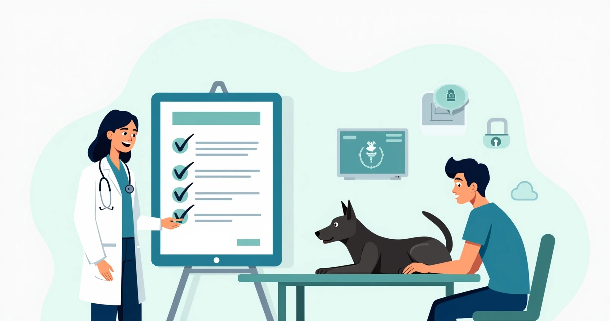 Veterinário explicando autorização de anestesia para tutor com tablet e prontuário digital 