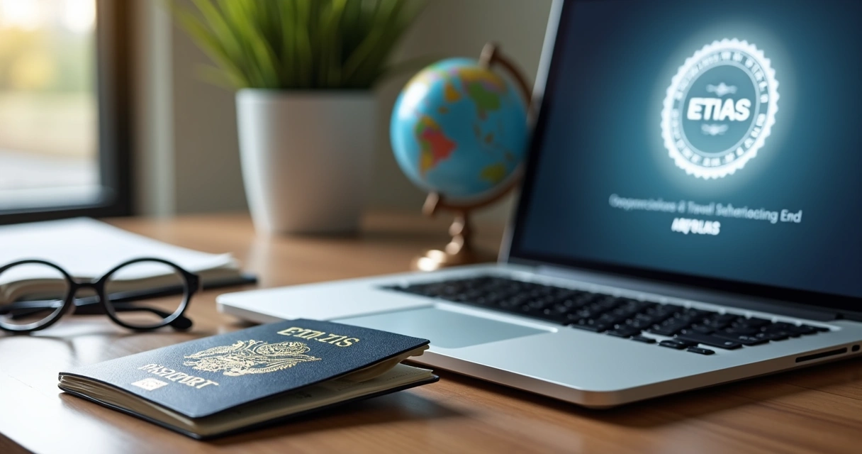 Passaporte aberto com autorização eletrônica ETIAS visível e selo digital branco no topo 