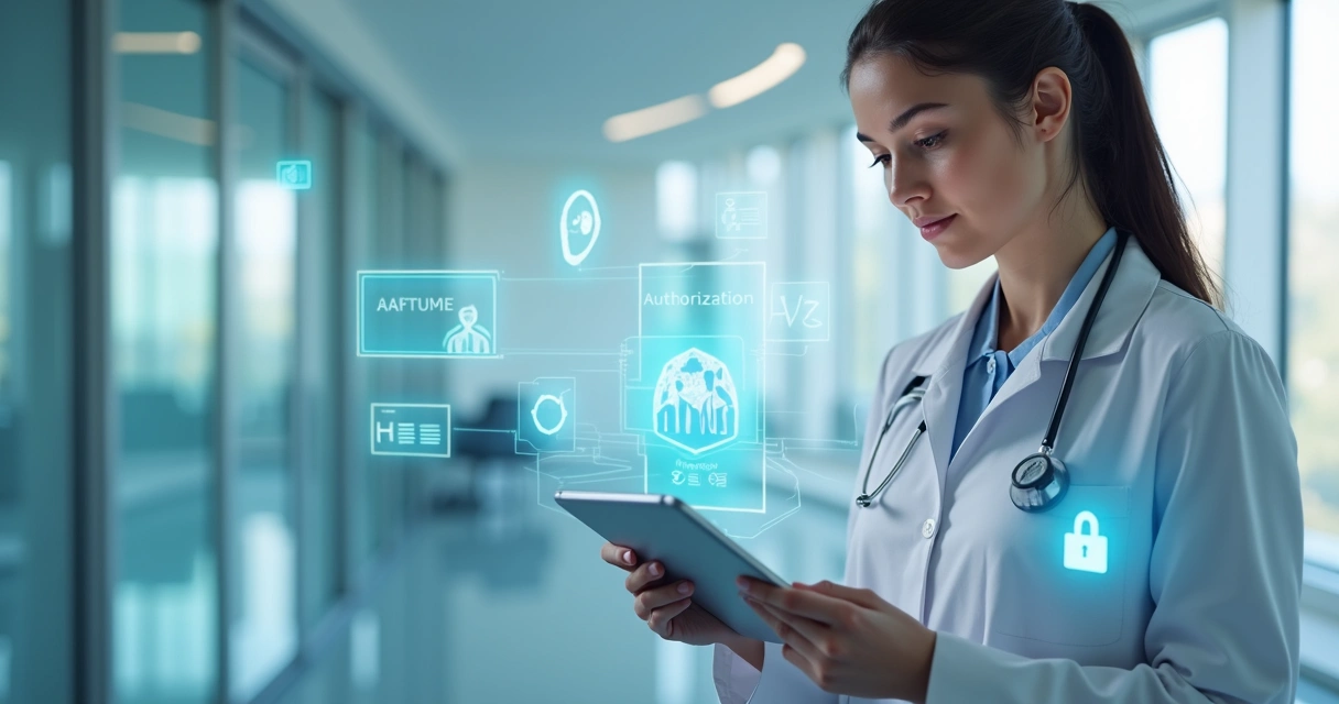 Médica revisando autorização digital de plano de saúde na tela de tablet 