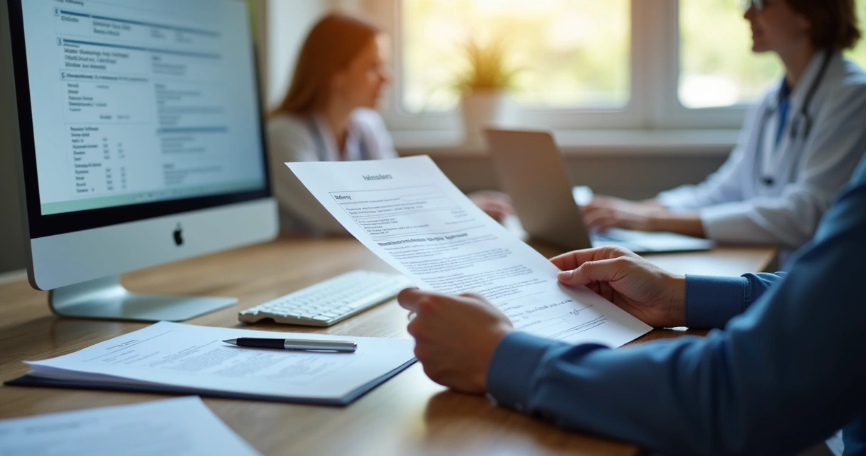 Pessoa consultando documento de autorização prévia de plano de saúde com médico ao fundo 
