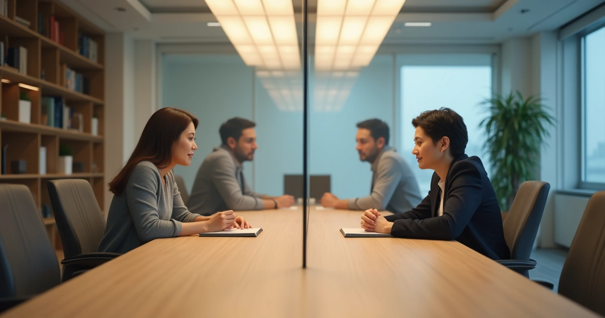Dois colegas em sala de reunião separados por vidro translúcido se observando com calma 