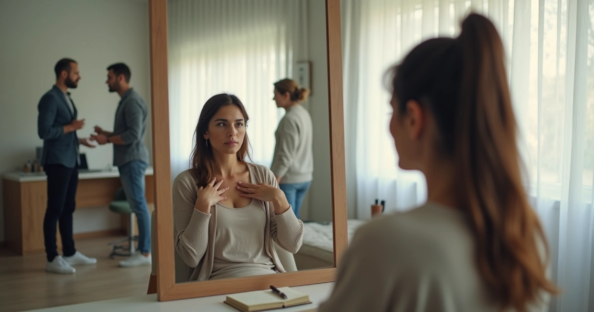 Mulher em autorreflexão diante de um espelho com cena de conflito ao fundo 