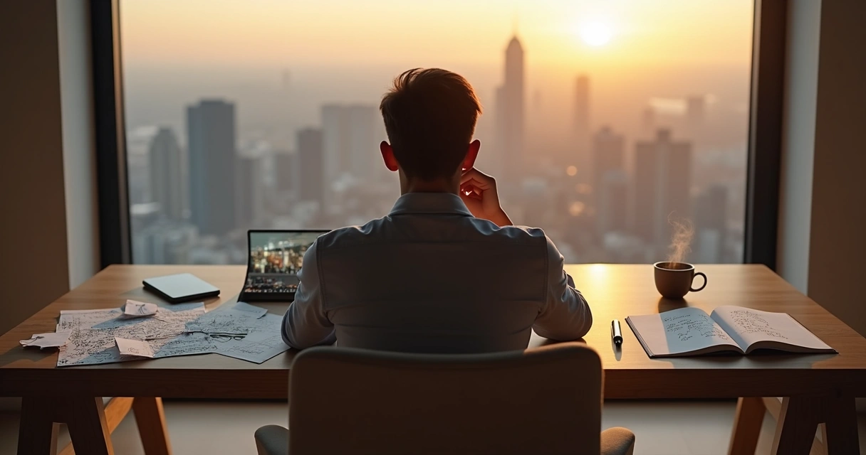Pessoa refletindo diante de duas escolhas em um ambiente calmo 