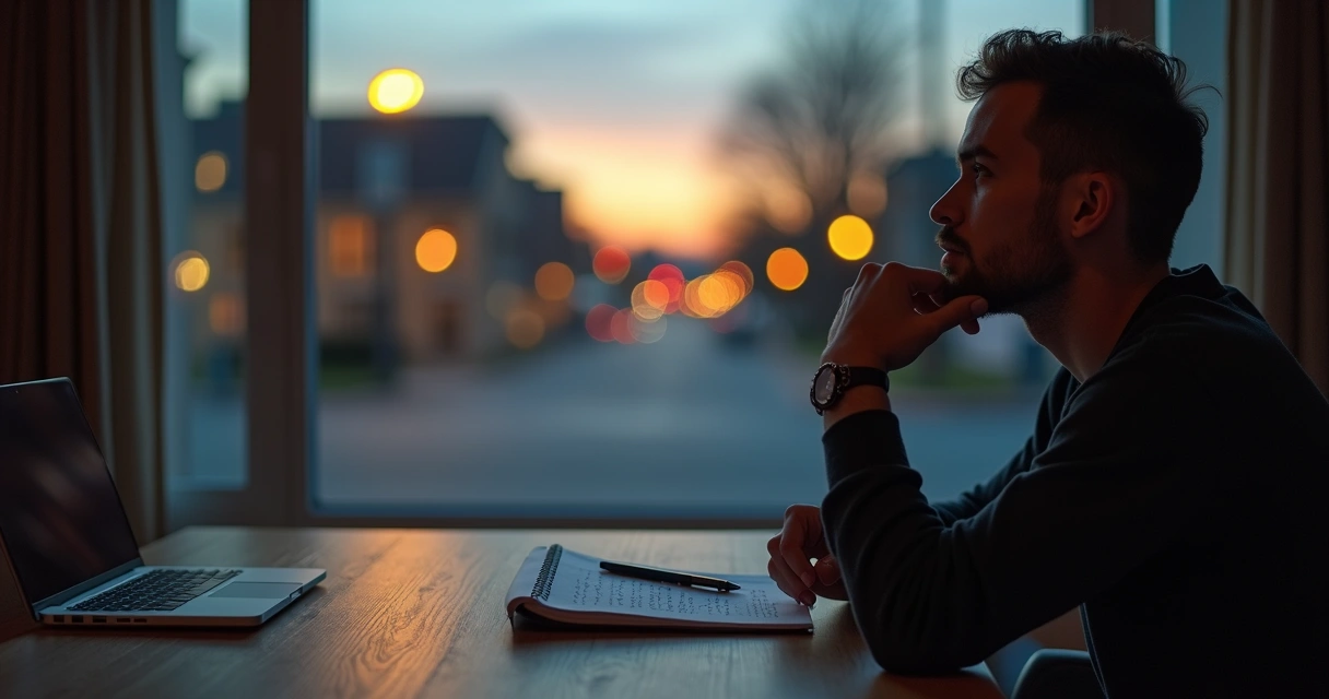 Pessoa refletindo diante de cruzamento de caminhos iluminados por luz suave 