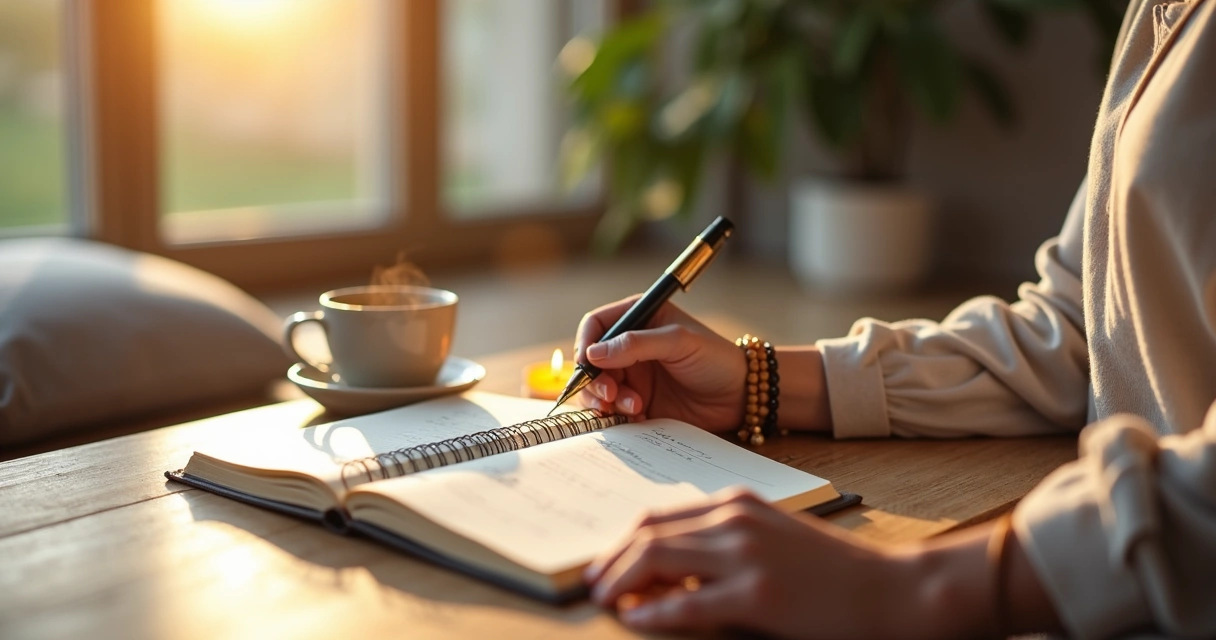 Pessoa escrevendo em diário ao lado de janela com luz suave e elementos de meditação 