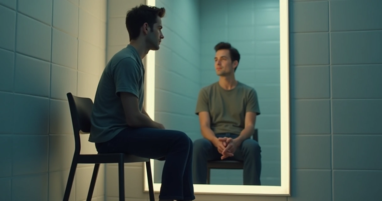 Pessoa diante de espelho refletindo-se pensativamente 