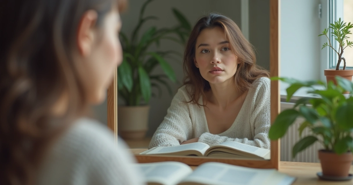 Pessoa refletida em espelho diante de ambiente sereno 