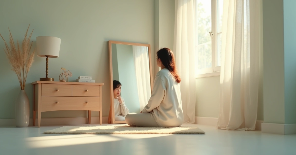 Pessoa olhando para o próprio reflexo em um ambiente suave