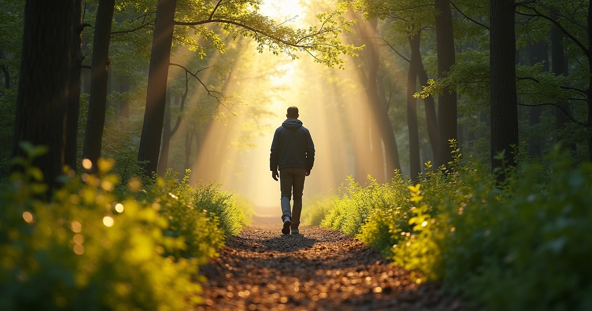 Homem caminhando sozinho em trilha arborizada, luz suave pela manhã