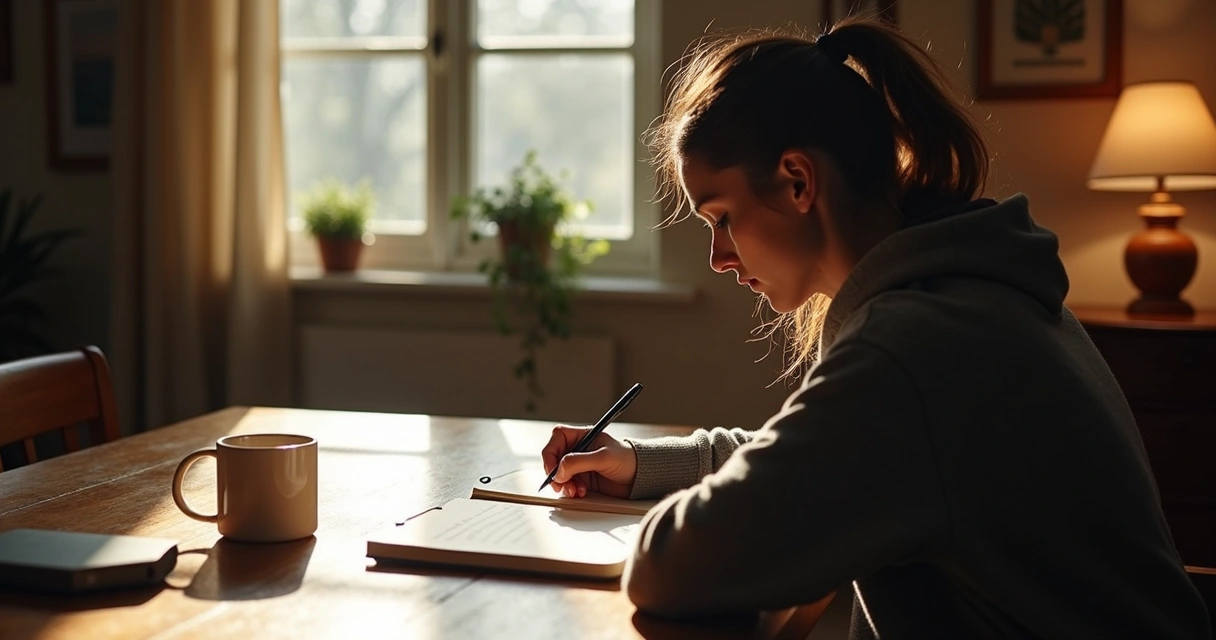 Pessoa sentada na mesa escrevendo em um caderno, luz suave, ambiente de rotina 