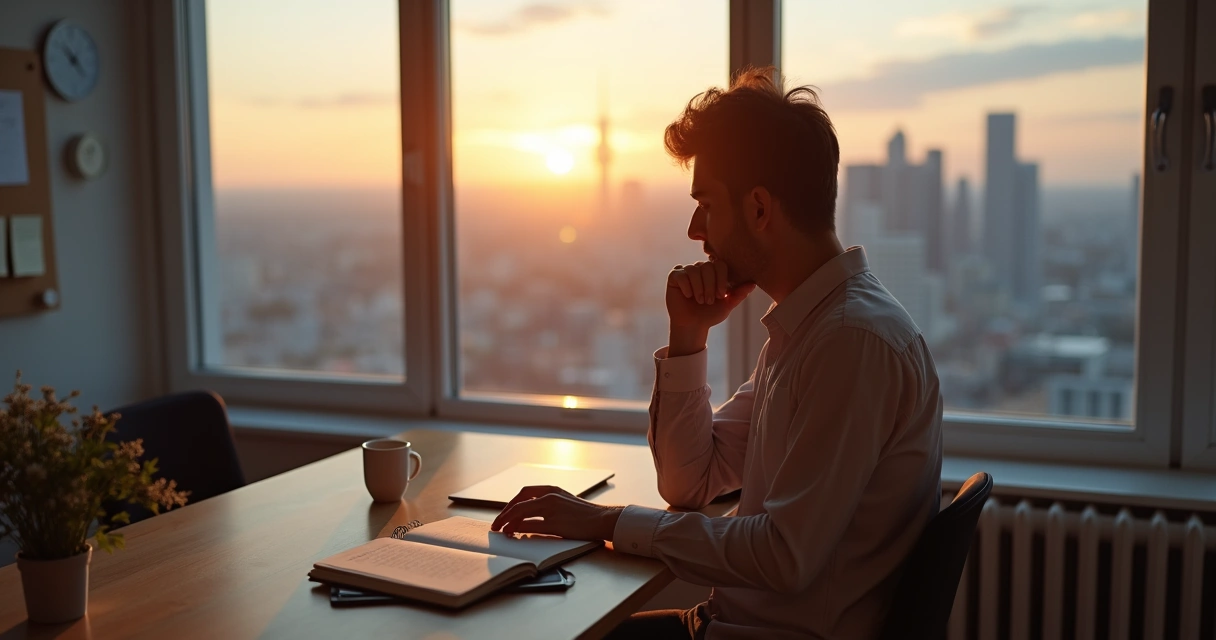 Pessoa refletindo diante de janela com cidade em desfoque ao fundo 