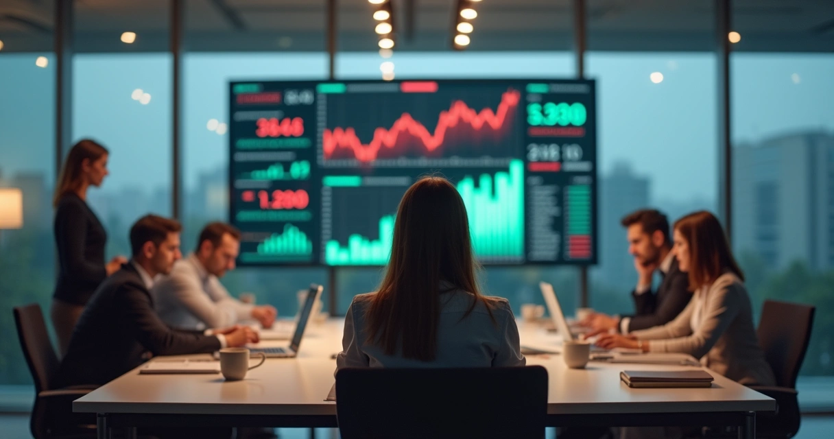 Líder sentado calmo em sala de reunião agitada com colegas estressados 