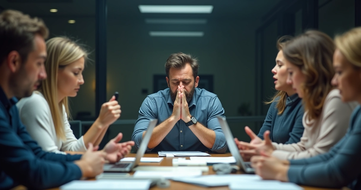 Homem sentado em sala de reunião fechando os olhos e respirando fundo, controlando emoções 